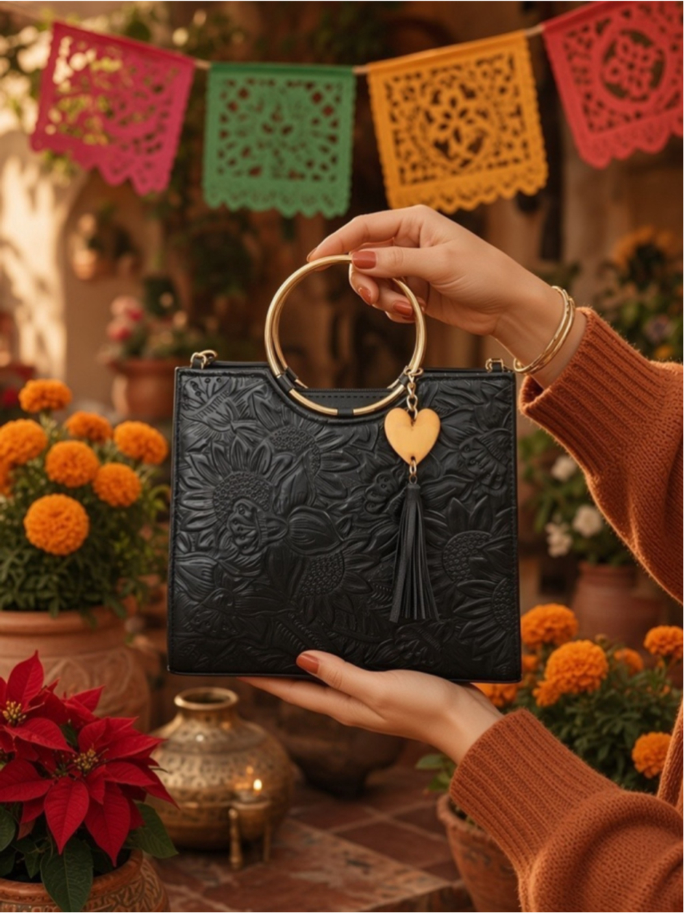 Midnight Black Sunflower Embossed Tooled Artisan LEATHER Crossbody Handbag Purse